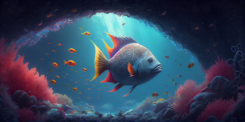 Wall Mural - Fantasy underwater seascape with colorful fish Ai generated image