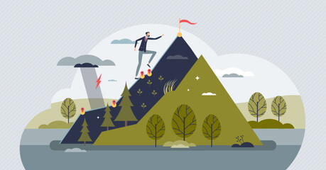 Wall Mural - Career growth path and professional development success tiny person concept. Work obstacles as hard climb to mountain with motivation, ambition and vision vector illustration. Future vision and goal.