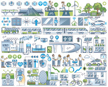 Smart Cities With Environmental And Green Living Outline Collection Set. Elements With Sustainable Power Transportation, Effective Waste Management And Nature Friendly Resources Vector Illustration.