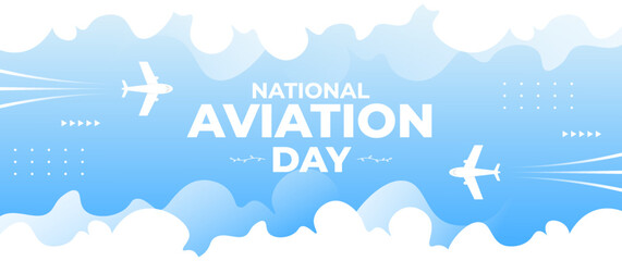 blue national aviation day banner with airplane,cloud and world map elements