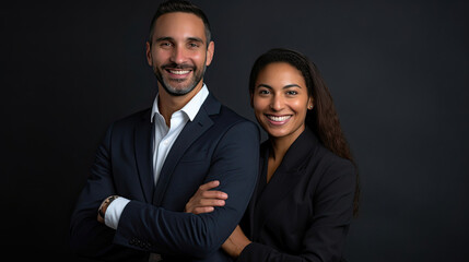 Wall Mural - Portrait of happy multi ethnic business couple posing with arms crossed