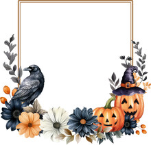 Halloween Frame With Pumpkin Flower And Raven Vector Illustration