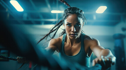 Wall Mural - Attractive young fit sportswoman working out in functional training gym doing exercise with battle ropes