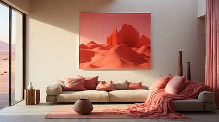 Poster -  a living room with a couch and a painting on the wall.  generative ai