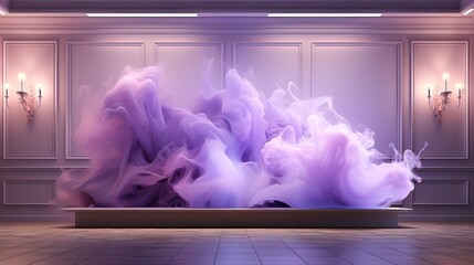  a purple smoke filled display in a room with chandeliers.  generative ai