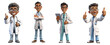Set of 3D cartoon character smiling doctor young men standing holding tablet computer, arms crossed, full body isolated on white and transparent background, ai generate