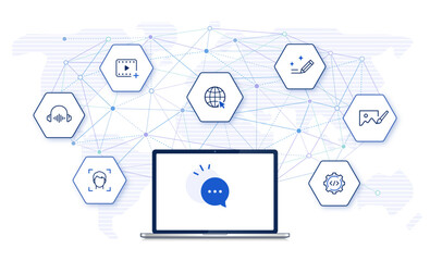 Fototapete - Generative AI chat use cases with icons: visuals, audio, text, code generation. laptop computer front view, digital network and world map background. editable stroke vector illustration