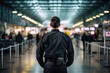 Security Guard In Black Stands With His Back To Airports