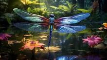  A Blue Dragon Sitting On Top Of A Pond Of Water.  Generative Ai