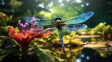  A Blue Dragon Sitting On Top Of A Flower Next To A Pond.  Generative Ai