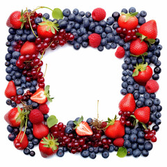 Wall Mural - Berries frame on white background. Ripe strawberries, blueberries, currants and blackberries