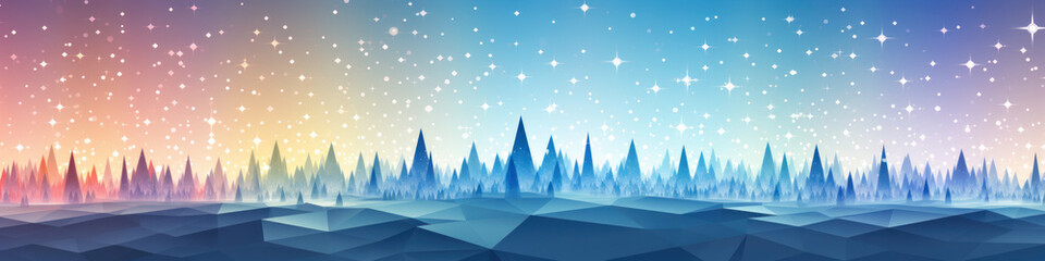 Christmas banner. Stylized spruce wood against background of multicolored snowy starry sky.