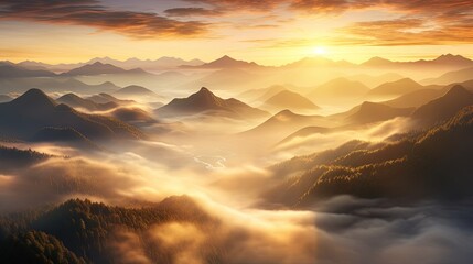 Wall Mural -  a painting of a sunset over a mountain range with fog.  generative ai