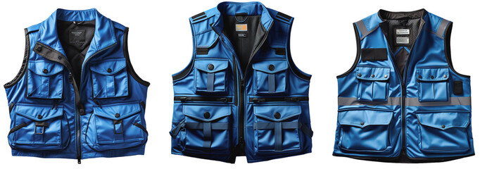 Three blue safety vests on a transparent background, Generative AI