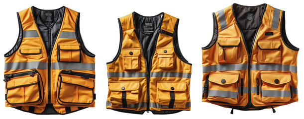 three yellow, orange safety vests on a transparent background, generative ai