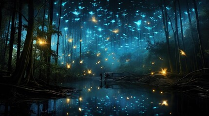 Poster -  a forest filled with lots of fireflies flying over a lake.  generative ai