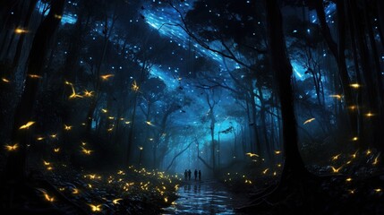  two people standing in the middle of a forest with fireflies.  generative ai