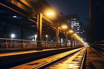 Wall Mural - Railway station at night. Train platform in fog. Railroad