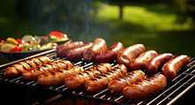 Bratwurst Sausages On The Charcoal Bbq Grill, Smokey Flavors On The Seasoned Sausages. Generative Ai.