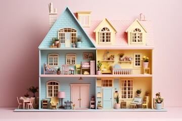 Fancy doll house interior, children toy, lots of pink plastic, pastel colors, kitchen