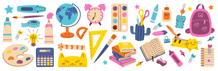 Set of schooi supplies. Back to school. Various accessories for study, student equipment. Cute school modern stickers.