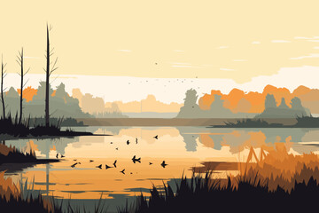 Wetland Minimalist flat design landscape vector art painting illustration generative ai