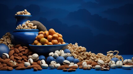 Sticker -  a blue bowl filled with lots of nuts and nuts on top of a table.  generative ai