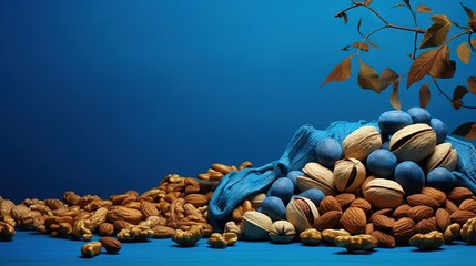  a pile of nuts sitting on top of a blue surface.  generative ai