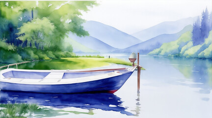 Wall Mural - Boat on the lake watercolor oil painting wallpaper background landscape boating wallpaper. Generative AI.