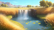 Wheat field oasis stumble upon an unexpected oasis in the midst of a vast wheat field where a sparkling waterfall cascades into a crystal clear pond illustration. Generative AI.