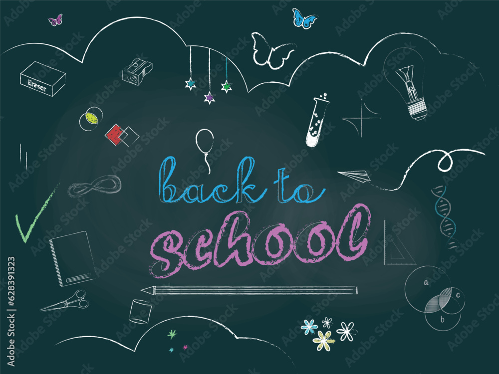 Back to school. Green chalkboard with text and school themed drawings ...