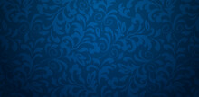 Vector Illustration Dark Blue Background With Floral Ornament Seamless Damask Wallpaper For Presentations Marketing, Decks, Ads, Books Covers, Digital Interfaces, Print Design Templates Materials