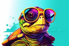 Cartoon Colorful Turtle With Sunglasses On Turquoise Background