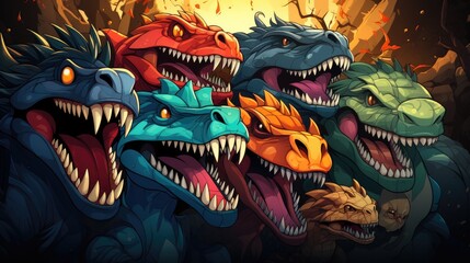  Illustration of colorful dragon heads