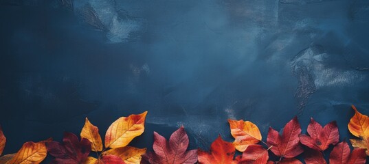 autumn background with colored leaves on blue background. generative ai