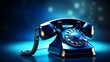 © Lumos Maxima - Vintage rotary telephone or phone ringing. Dark blue background. Retro handset phone. Device with a dial. Banner.