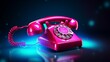Vintage pink rotary telephone or phone ringing. Dark blue background. Retro handset phone. Device with a dial. Banner.