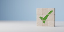 Wooden Cube With Green Checkmark Icon. Check Mark, Check Mark Sign, Tick Icon, Right Sign,circle Green Checkmark Button, Done. On Blue Background. Banner. Copy Space