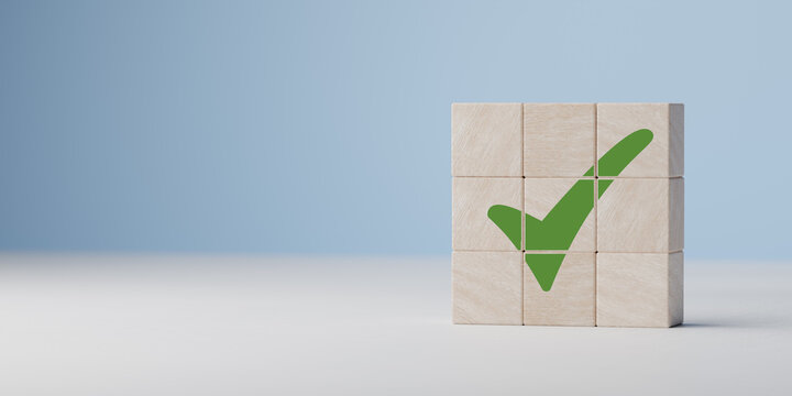 Wall Mural -  - Wooden cube with green checkmark icon. Check mark, Check Mark Sign, Tick Icon, right sign,circle green checkmark button, Done. On blue background. Banner. Copy space