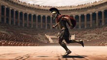 Generative AI, Realistic Illustration Of A Fierce Gladiator Attacking, Running. Armoured Roman Gladiator In Combat Wielding A Sword Charging Towards His Enemy.