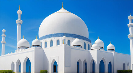 Wall Mural - A white mosque with a blue sky. Generative AI.