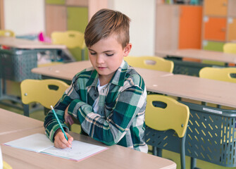 Happy schoolboy sitting at desk in classroom, writes in a notebook