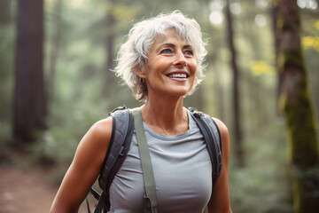 Wall Mural - AI generated image of attractive mature senior woman on hiking