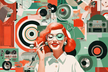 A Vintage Art Colorful Collage Of A Young Female With Red Hair Wearing White Blouse And Glasses, Retro Cassette Players, Boomboxes And Vinyls. Red And Green Pastel Color Palette. Generative AI