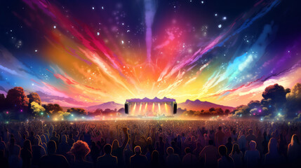Wall Mural - musical festival stage with large crowd