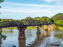 .The Train Is Passing Through The Death Railway Bridge Over The River Kwai In Kanchanaburi. .During World War Two Japan Constructed Railway From Thailand To Burma This Is Now Know The Death Railway..