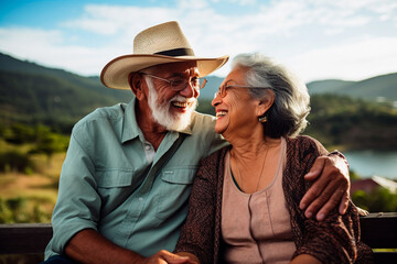 Poster - An elderly Hispanic couple outdoors, smiling during their retirement.