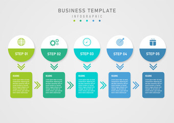 Wall Mural - infographic 5 steps multi colored half circle business The white top has icons, the bottom has letters. Multi-colored squares below with letters in the middle. gray gradient background