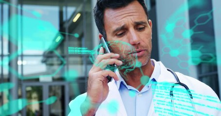 Wall Mural - Animation of scientific data processing over caucasian male doctor using smartphone