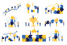 Business Concept. Team Metaphor. People Connect Puzzle Elements. Flat Illustration In Flat Design Style. Teamwork, Collaboration, Partnership. Businessmen Working Together And Moving Towards Success.
